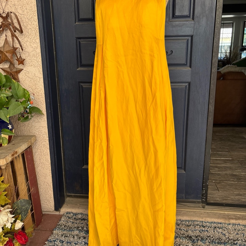 Anthropologie OB Sleeveless Linen Maxi Dress Jaune M yellow pockets not sheer - Picture 5 of 14